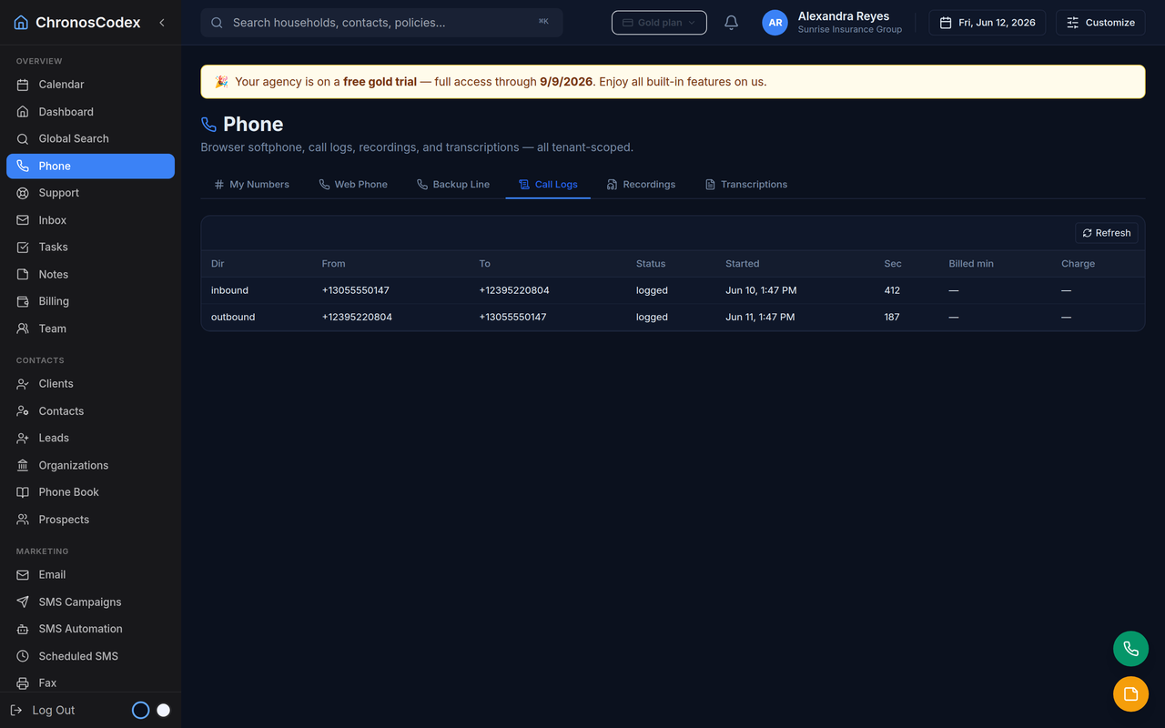 Un registro de llamadas de CRM con dirección, duración y estado
