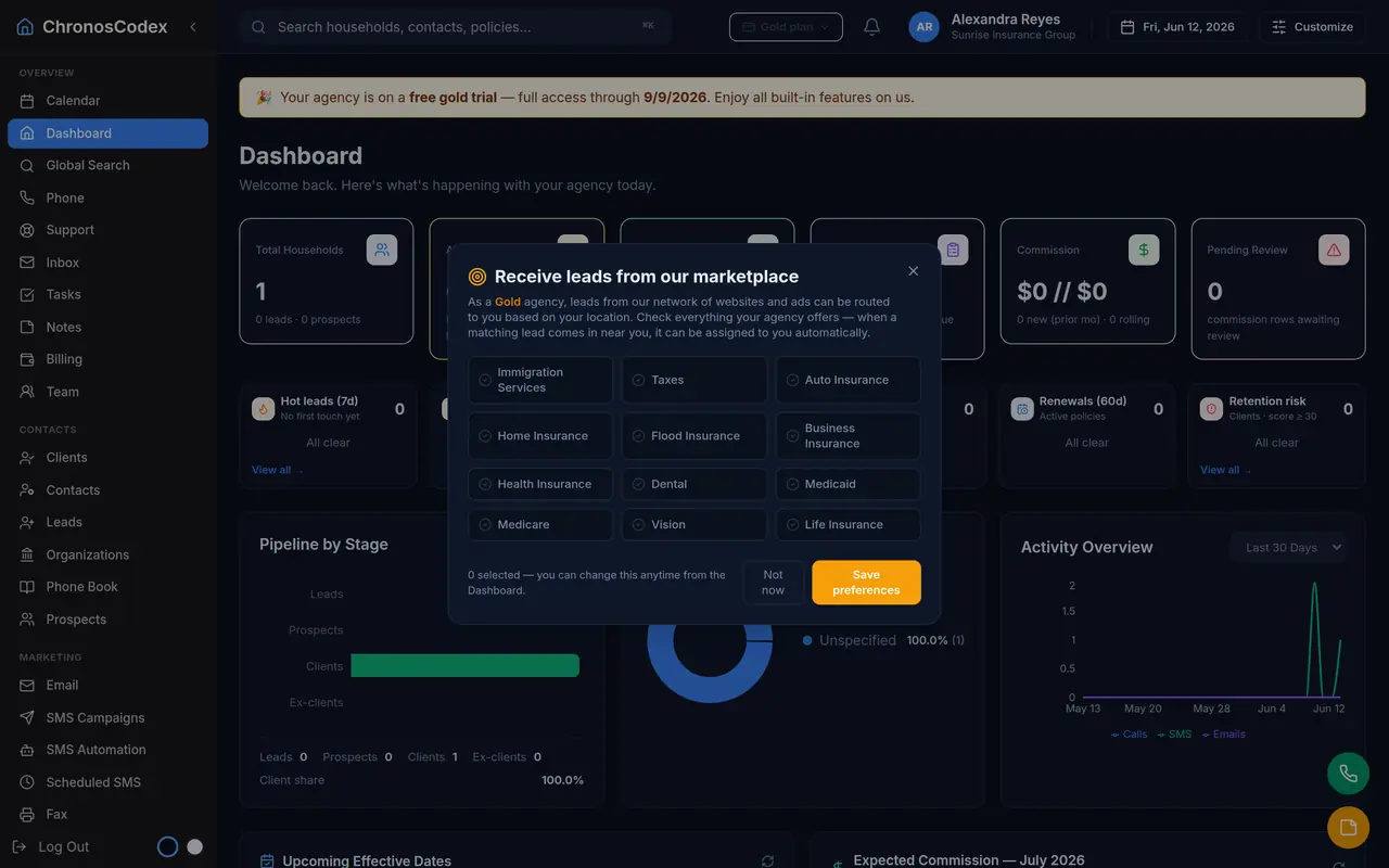 An insurance CRM dashboard with pipeline and activity