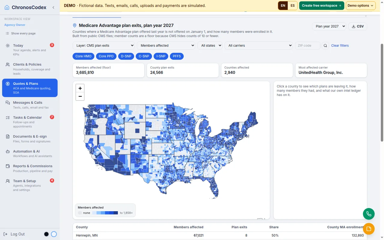 A US map in Chronos of counties where a Medicare Advantage plan is not offered in 2027
